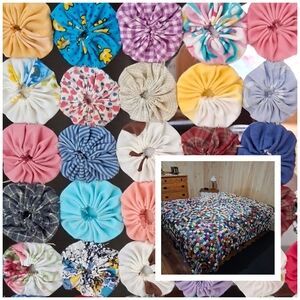 Vintage Yo-Yo Quilt Handmade RARE Queen Bed Cover 96" X 96"